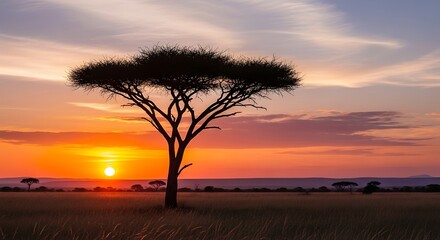 Obraz premium Serene african sunset with a silhouette acacia tree offering a moment of peace