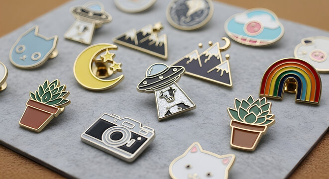 Colorful Lapel Pins: A collection of diverse and intricately designed lapel pins. The pins, including mountain, moon, cat, camera and cloud, display vivid colors and details