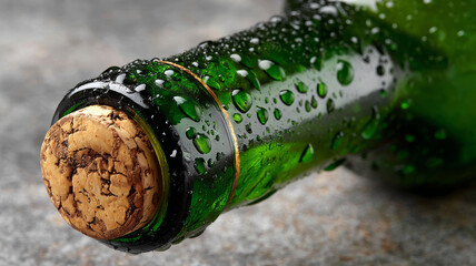 Close-up of a green wine bottle with cork and condensation.