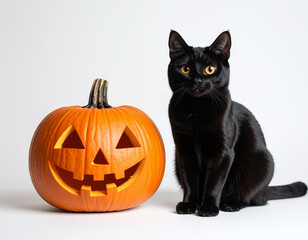 Black Cat with Carved Jack-O&rsquo;-Lantern on White Background, Copy Space