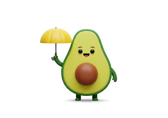 A cute 3D and vector hybrid illustration of a smiling avocado holding a miniature umbrella