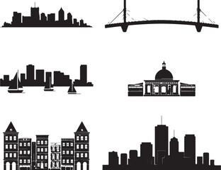 Obraz premium Boston city skyline silhouette collection of iconic landmarks