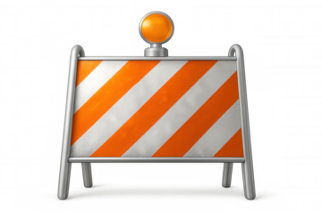 Metal roadblock with orange and white stripes and flashing light on transparent background, indicating road closure or construction
