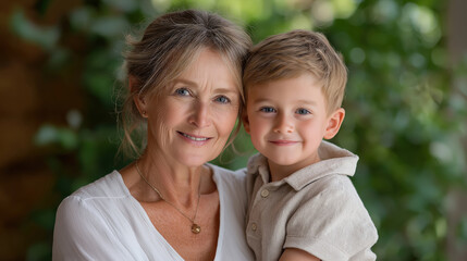 Obraz premium Warm and Heartfelt Portrait of Elderly Woman and Young Child Showing Love Happiness and Connection in a Natural Outdoor Setting for Family and Care Concepts