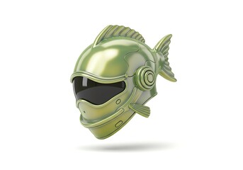 A surreal yet minimalist 3D and vector hybrid illustration of a futuristic chrome helmet shaped like a fish
