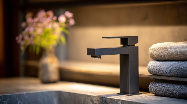 Modern matte black faucet in a stylish bathroom with neatly arranged towels and fresh flowers.