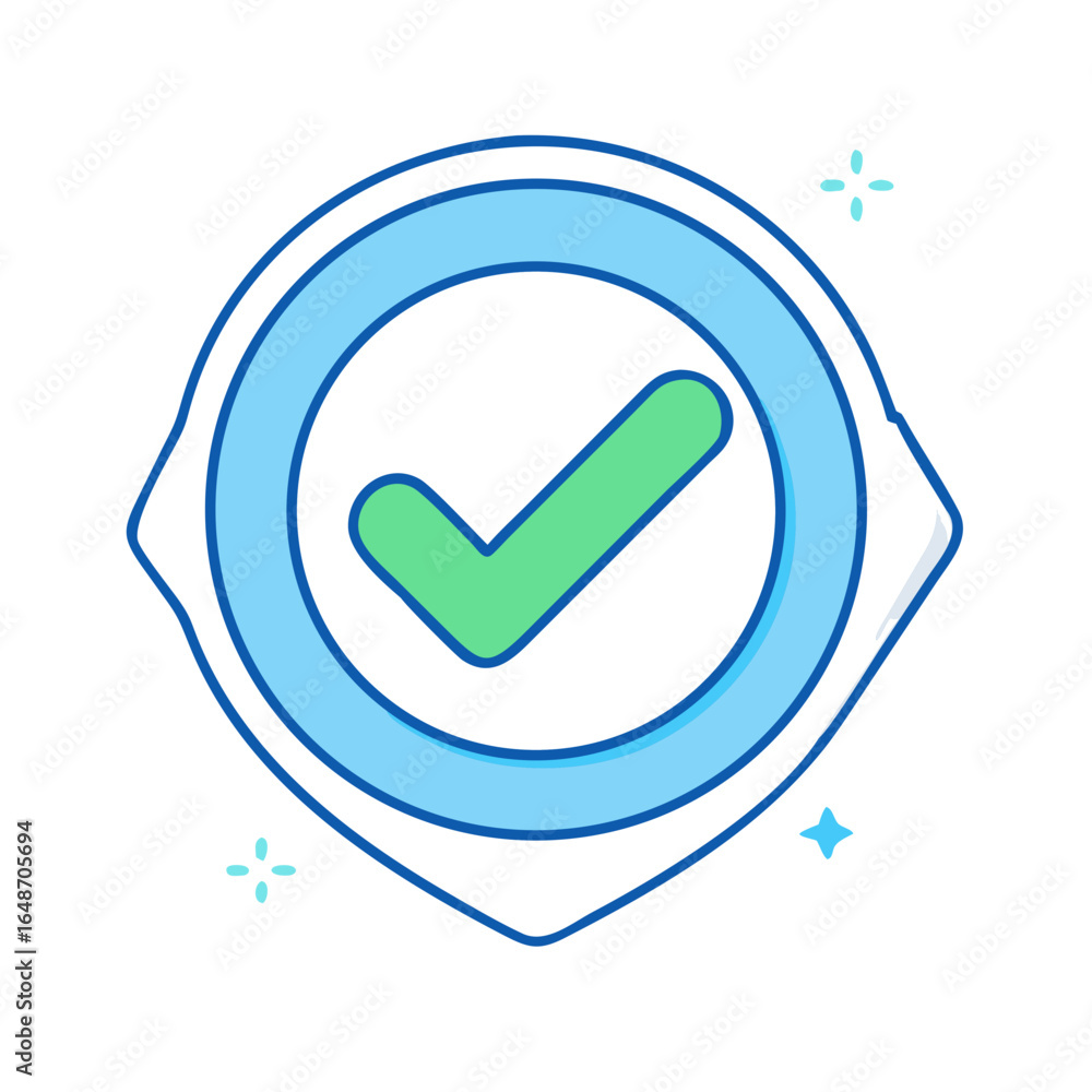 Aufkleber stylized check mark in circle on a pointed background with sparkles