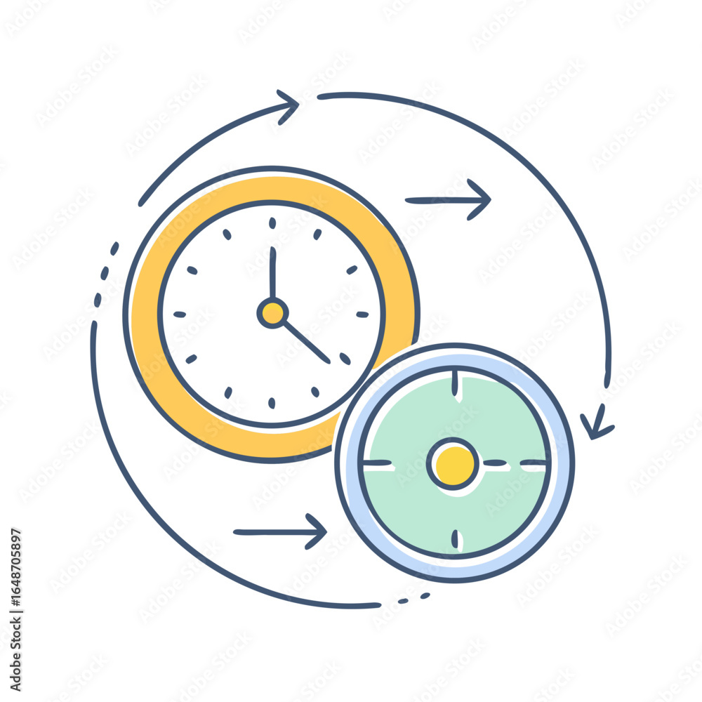 Poster process of task management with the passage of time, arrows and clocks