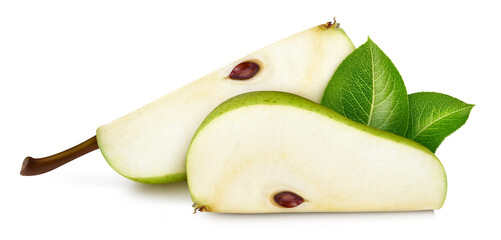 Pear slice with leaf isolated on white background. Clipping path Green Pear. Green Pear slice