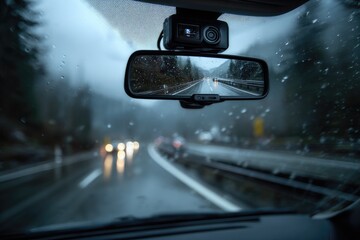 Rain-streaked car interior view.  Highway ahead, misty mountains.  Dashcam mounted on rearview mirror