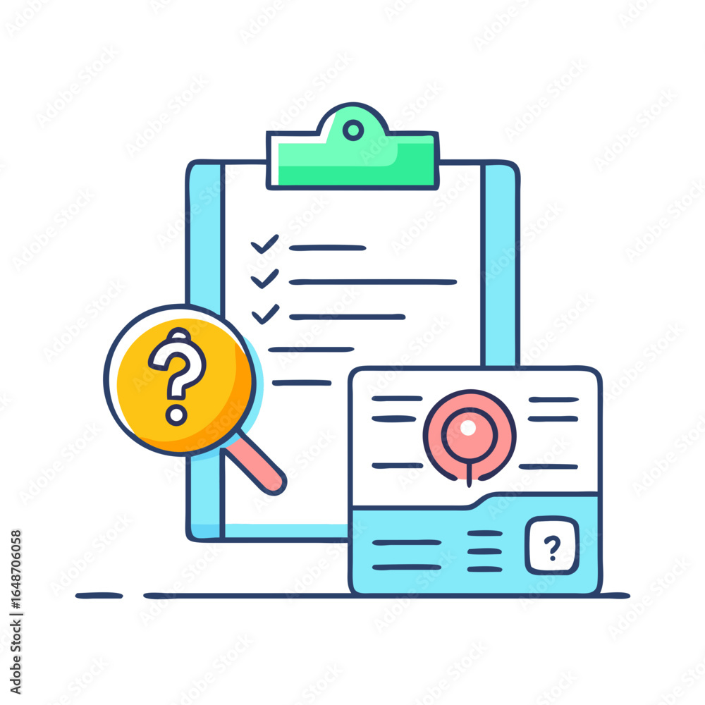 Poster conceptual illustration of documents being reviewed, showing a checklist and possible issues