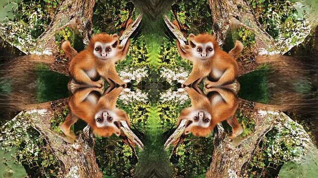 Mirrored monkeys in a forest