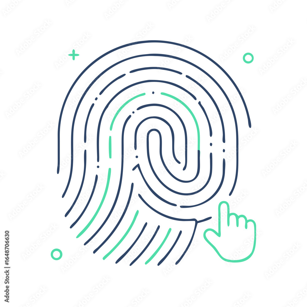 Poster modern fingerprint authentication and security, featuring hand gestures and connectivity circles