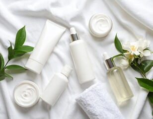 Modern Skincare Routine  Luxurious White Bottles & Natural Elements