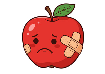 Sad Cartoon Apple with Bandages and a Leaf