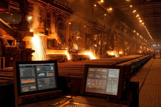 A steel manufacturing plant with sparks flying from welding stations An AI interface is monitoring temperature levels for safety The mood feels controlled, Generative AI