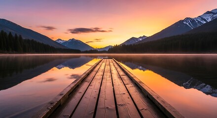 Serene alpine lake landscape reflecting a vibrant sunrise on a wooden dock