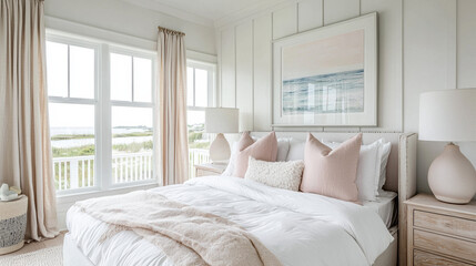 A bright coastal bedroom with soft light from left-side windows. Pale pink accents in pillows and throws add warmth. 