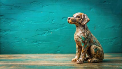 A bronze canine figurine sits patiently on a rustic wooden surface against a teal backdrop, a decorative piece evoking feelings of warmth and tranquility.