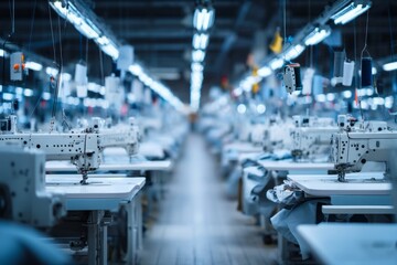 Fototapeta premium A textile factory with rows of sewing machines under bright lights An AI system is adjusting machine settings for optimal stitching The mood feels smooth, Generative AI
