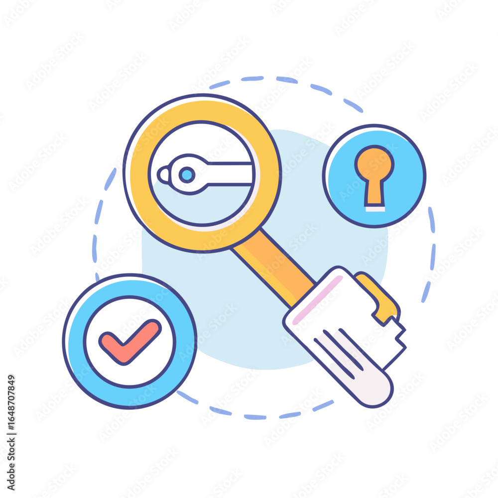Poster key features, lock and security checks represent protection and data safety concept