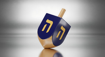 A close up of a blue and gold dreidel with hebrew letters on a reflective gray surface background ai generated