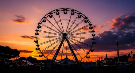 Spectacular ferris wheel silhouette against a vibrant sunset sky showcasing an urban amusement
