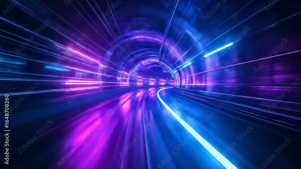 Poster abstract tunnel with neon lights moving fast forming futuristic corridor structure with geometric li