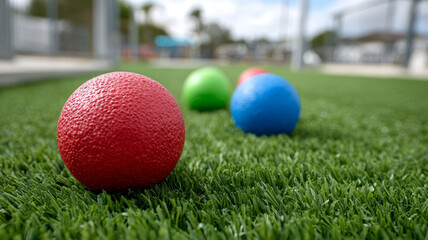Naklejka premium Colorful balls on a grassy field in a playground setting.