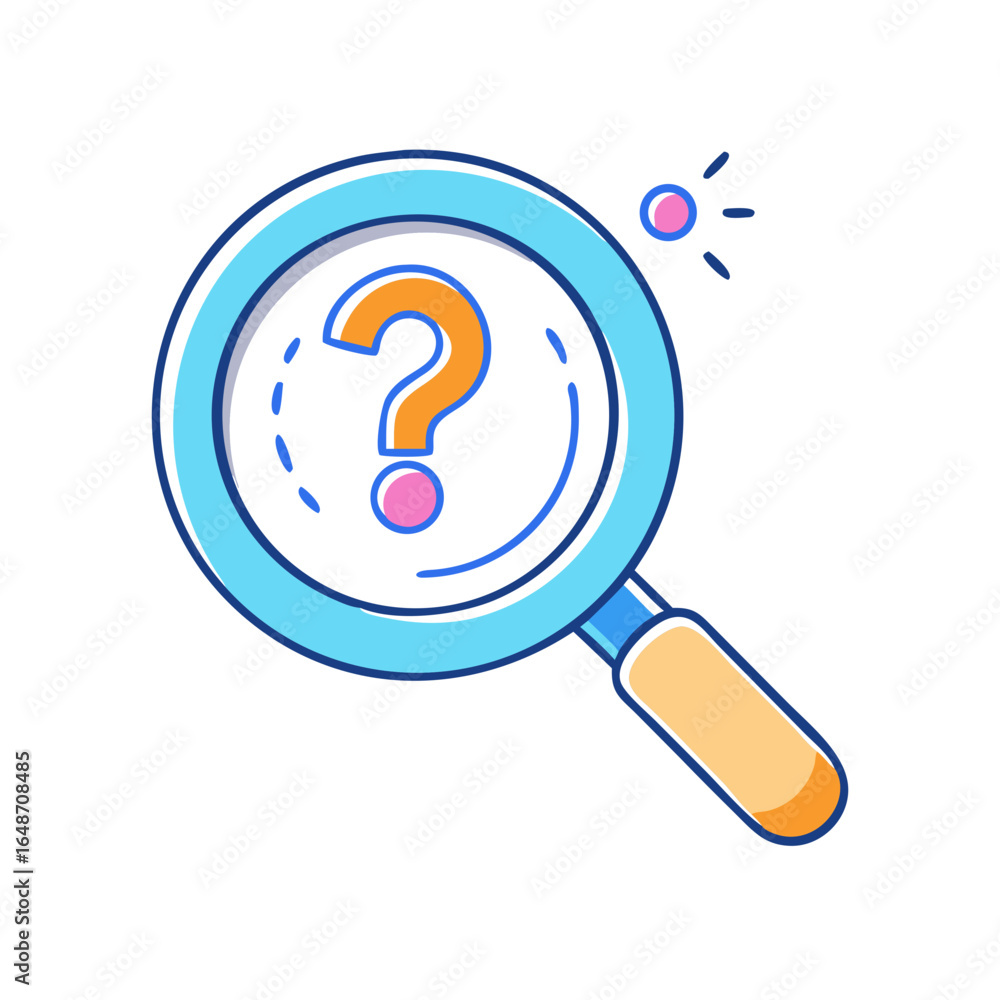 Poster magnifying glass searching for answers with a question mark inside the lens