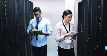 Man, woman and tablet in server room, inspection and checklist for IT solution at company. People,...