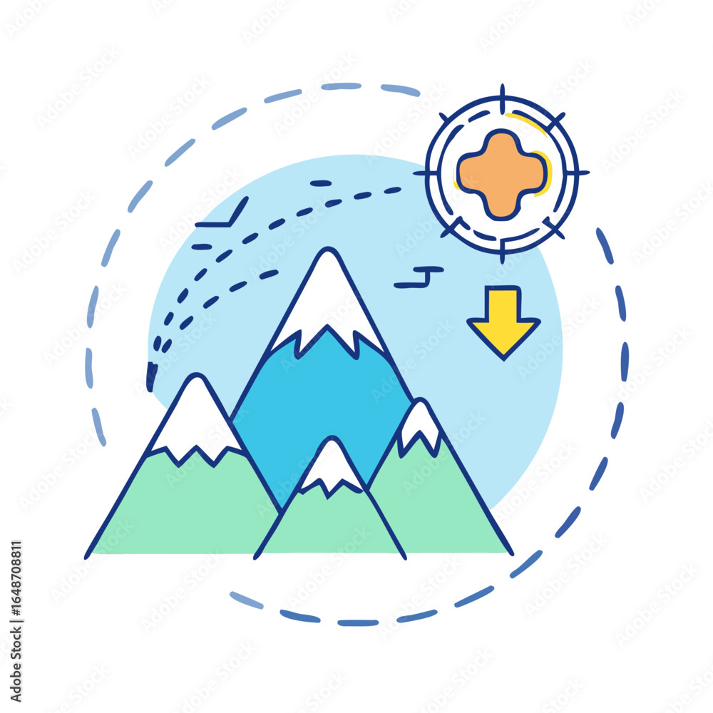 Aufkleber simplified mountain range icon with target and arrow pointing downwards for challenge