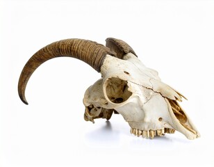 An angled view of a goat skull with long, curved horns and weathered bone surface