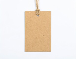 A plain brown paper hanging tag with a twine loop on a white background