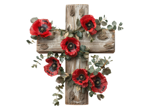 christian cross with red poppy flowers isolated on white or transparent png