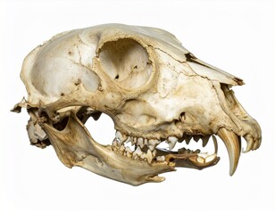 A side view of a tiger skull with sharp canine teeth and a weathered bone finish
