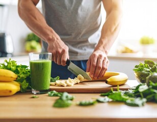 Muscular man preparing fresh green smoothie in kitchen