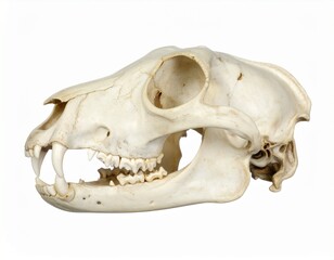 A clean white cat skull with pronounced canine teeth and smooth surface
