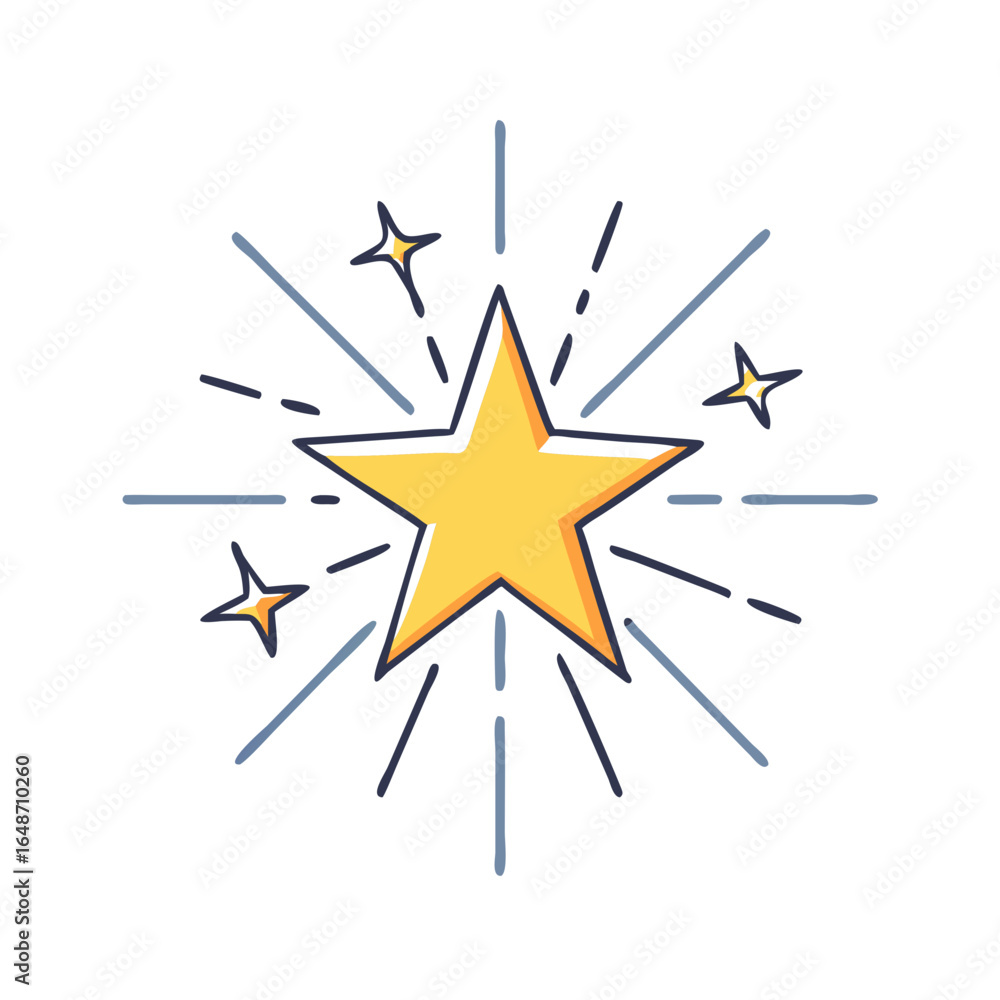 Poster sparkling star with rays and smaller stars surrounding it on white background