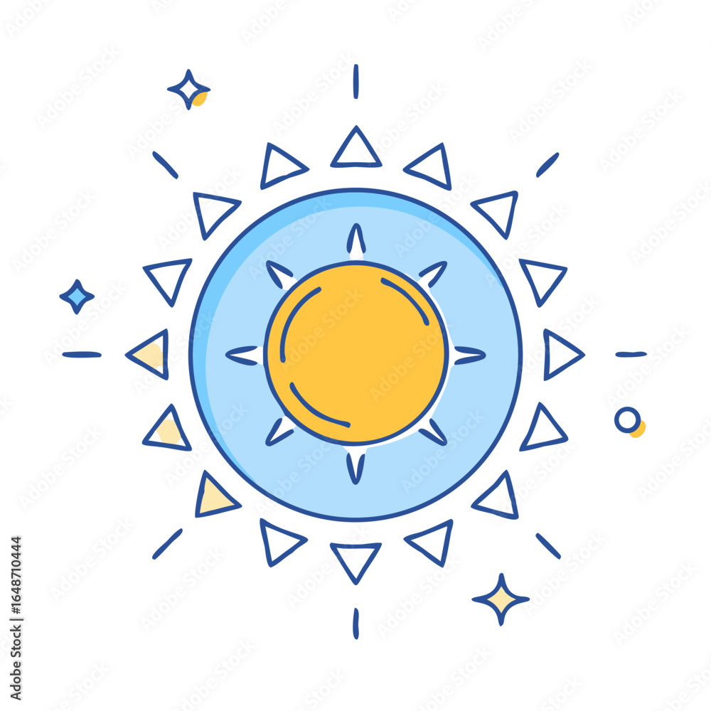 Poster stylized sun with triangle rays and star sparkles in a flat design