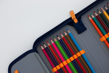 Craft supplies showcase vibrant colored pencils organized in neat case ready for creative projects....