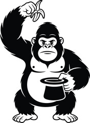 Gorilla Performing Magic Trick with Banana, Black Silhouette Vector, Transparent Background.
