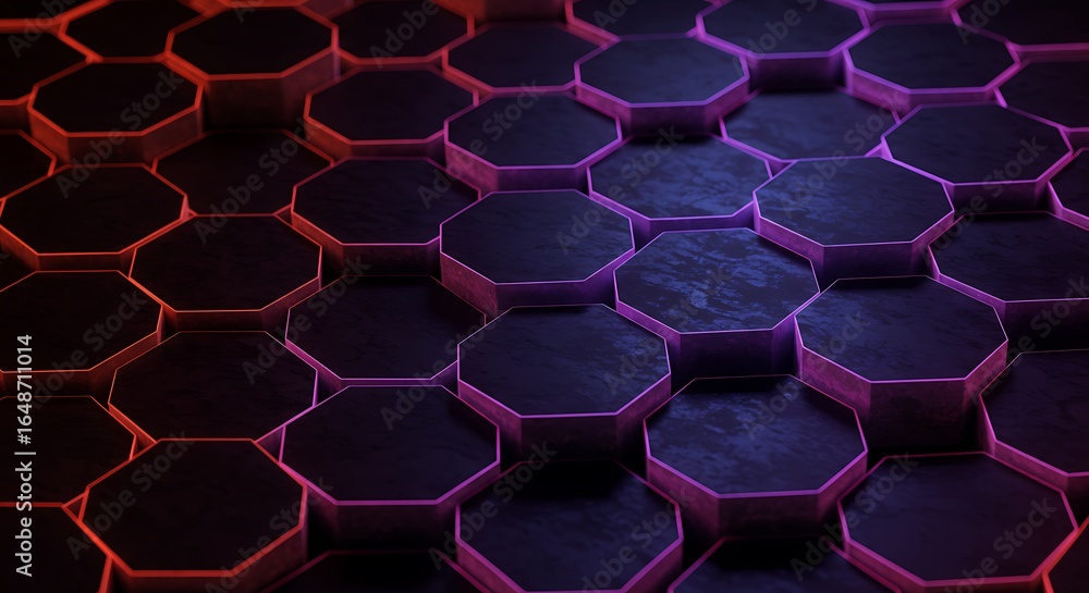 Poster abstract 3d hexagonal pattern background illuminated by vibrant red and purple neon lights, showcasi