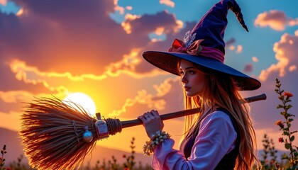 An enchanting scene of a person dressed as a witch standing in a vibrant field with a sunset backdrop. The individual is holding a broom and appears to be casting a spell or looking into the distance.