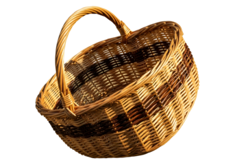Handwoven wicker basket with a curved handle & intricate plaid pattern showcasing traditional