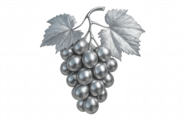 Metallic silver grapes dangling from verdant vine, glistening with delicate leaves against transparent backdrop