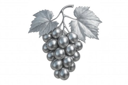 Metallic silver grapes dangling from verdant vine, glistening with delicate leaves against transparent backdrop