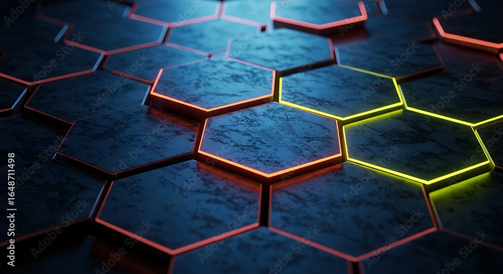 Poster abstract hexagon pattern with neon lights futuristic tech background