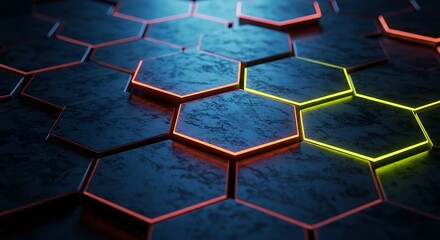 Abstract Hexagon Pattern with Neon Lights Futuristic Tech Background