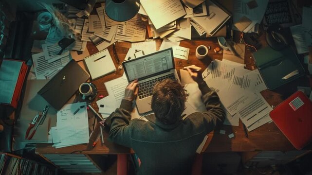 Scriptwriter working late at messy desk papers 4K Videos
